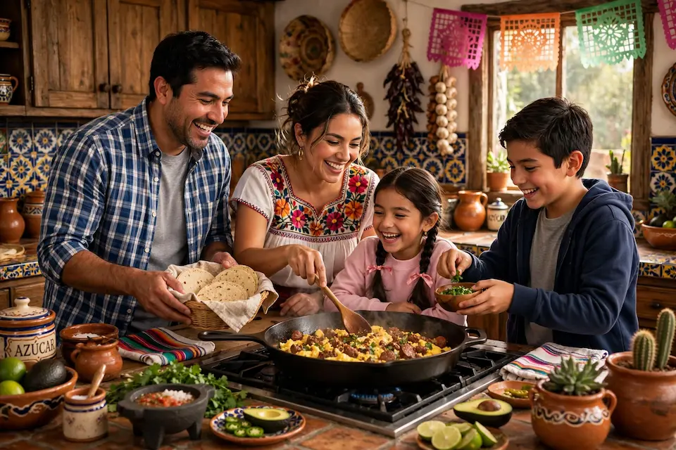 Familia cocinando con chorizo en una cocina tradicional
